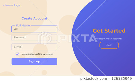 Register page layout with login and password fields. Simple and modern sign up form design for websites. 126585949