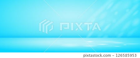 Blue studio room with sun rays. Limbo light background. Abstract 3d bg with empty space for advertising text. Vector mockup illustration. 126585953