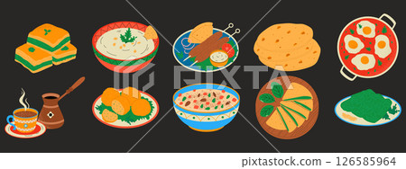 Turkish cuisine set. Traditional food. Baklava, kebab, dolma, hummus, flatbread 126585964