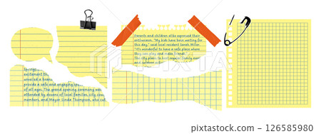 Yellow torn notebook paper collage with lined and grid sheets, stationery elements. Isolated set with tape, binder clip, and safety pin. School and office supplies for scrapbooking, digital projects. 126585980