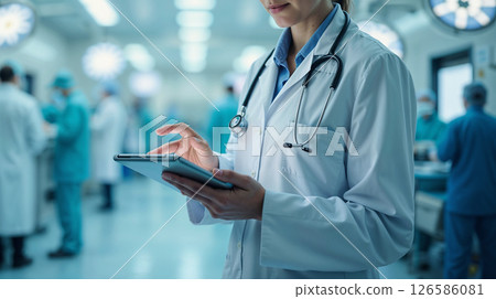 Close-up of a doctor in a modern hospital, wearing a white medical coat and a stethoscope around his neck, holding and interacting with a digital tablet. 126586081