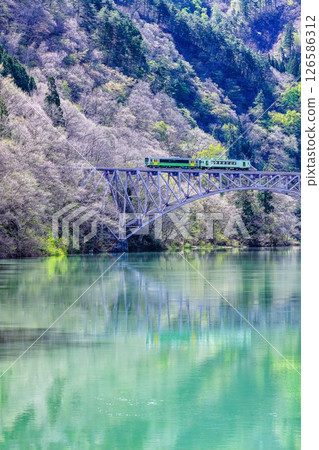 Tadami Line Train crossing the fresh green Daiichi Tadami River Bridge (Mishima Town, Fukushima Prefecture, late April) 126586312