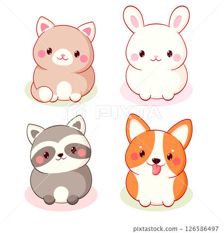 Set of cute cartoon pets. Baby collection of avatar with racoon, cat, bunny, puppy. Sweet set of baby animals. Can be used for t-shirt print, stickers, greeting card design. Vector illustration EPS8 126586497