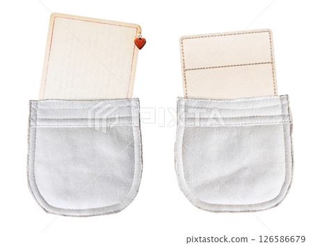 Set of paper tag in suede pocket. Collection eco-friendly paper label in suede leather pocket. Sustainable development of strategy approach to zero waste, responsible consumption. Isolated on white 126586679