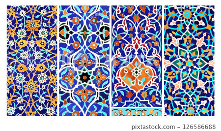 Set of vertical or horizontal banners with detail of ancient mosaic walls with floral and geometric ornaments. Collection of background with traditional islamic tile decoration. Tile decor on old wall Set of vertical or horizontal banners with detail of ancient mosaic walls with floral and geometric ornaments. Collection of background with traditional islamic tile decoration. Tile decor on old wall 126586688