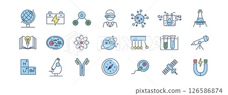Set of 20 science line icons with color fill. Includes globe, battery, molecule, virus, telescope, DNA, cells, atom, and scientific tools. Designed in a clean and minimal style. Vector illustration. Set of 20 science line icons with color fill. Includes globe, battery, molecule, virus, telescope, DNA, cells, atom, and scientific tools. Designed in a clean and minimal style. Vector illustration. 126586874