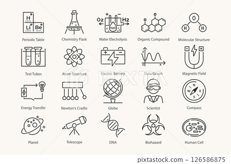 Vector set of line science icons. Includes lab tools, molecules, telescope, microscope, virus, atom, and chemistry elements. Perfect for educational design. Vector set of line science icons. Includes lab tools, molecules, telescope, microscope, virus, atom, and chemistry elements. Perfect for educational design. 126586875