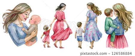 Watercolor Illustration set of Mother and Kids. Mom and baby illustration Mother's Day Greeting Card Watercolor Illustration set of Mother and Kids. Mom and baby illustration Mother's Day Greeting Card 126586884