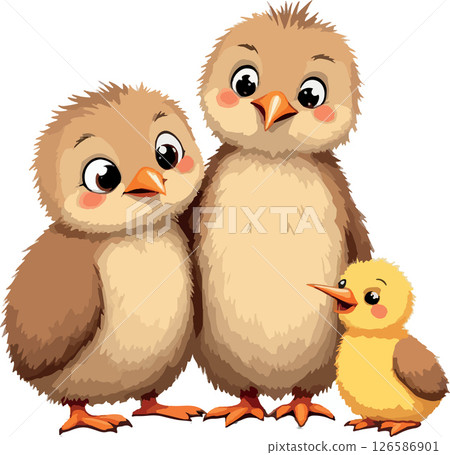 Vsai two brown baby chickens looking at small yellow chick 126586901