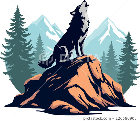 Vsai majestic wolf howling on a rocky mountain peak in a forest landscape 126586903