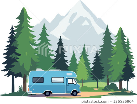 Vsai camper van enjoying breathtaking mountain scenery in a lush forest Vsai camper van enjoying breathtaking mountain scenery in a lush forest 126586904