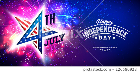 4th of July Independence Day of the USA Vector Illustration with American Flag in Star Symbol and Shiny Fireworks on Night Sky Background. Fourth of July National Celebration Design with Typography 4th of July Independence Day of the USA Vector Illustration with American Flag in Star Symbol and Shiny Fireworks on Night Sky Background. Fourth of July National Celebration Design with Typography 126586928