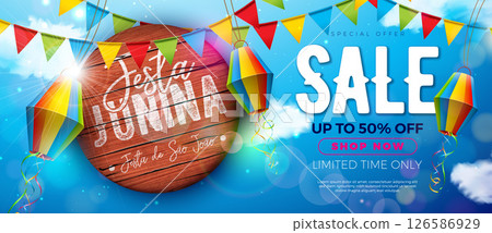 Festa Junina Sale Promotional Business Illustration with Paper Lantern, Party Flag and Typography Letter on Sky Blue Background. Vector Festa de Sao Joao Special Offer Illustration for Coupon, Voucher 126586929
