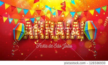 Festa Junina Banner Illustration with Party Flags, Paper Lantern and Arraia Light Bulb Billboard Letter on Red Falling Confetti Background. Vector Brazil June Sao Joao Festival Design Template for 126586930