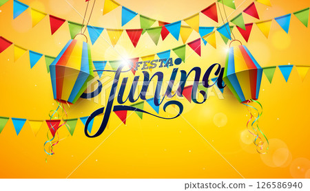 Festa Junina Banner Design with Party Flags, Paper Lantern and Typography Lettering on Yellow Falling Confetti Background. Vector Brazil Sao Joao June Festival Illustration for Greeting Card, Banner Festa Junina Banner Design with Party Flags, Paper Lantern and Typography Lettering on Yellow Falling Confetti Background. Vector Brazil Sao Joao June Festival Illustration for Greeting Card, Banner 126586940