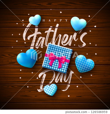 Happy Father's Day Greeting Card Design with Gift Box, Blue Heart and Typography Lettering on Vintage Wood Background. Vector Celebration Illustration for Loved and Best Dad. Template for Banner, Post Happy Father's Day Greeting Card Design with Gift Box, Blue Heart and Typography Lettering on Vintage Wood Background. Vector Celebration Illustration for Loved and Best Dad. Template for Banner, Post 126586959