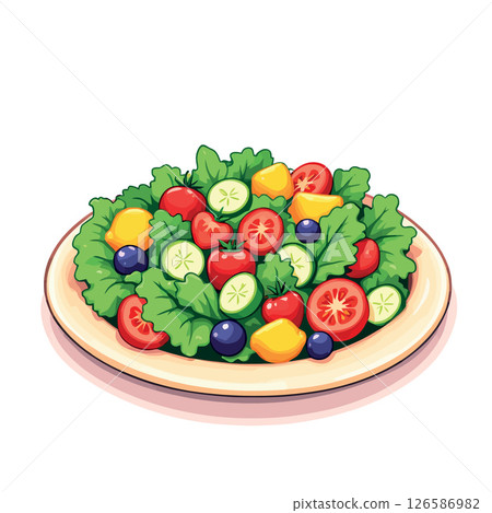 Vsai fresh salad with lettuce, tomatoes, cucumbers, bell peppers and blueberries on plate Vsai fresh salad with lettuce, tomatoes, cucumbers, bell peppers and blueberries on plate 126586982