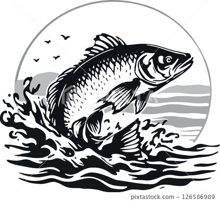 Vsai largemouth bass jumping out of water with birds flying in background Vsai largemouth bass jumping out of water with birds flying in background 126586989