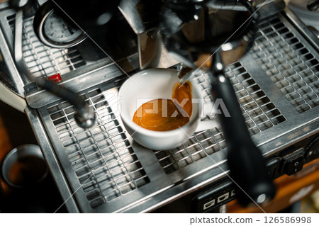 Espresso in White Cup on Espresso Machine Espresso in White Cup on Espresso Machine 126586998