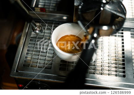 Espresso in White Cup on Espresso Machine Espresso in White Cup on Espresso Machine 126586999