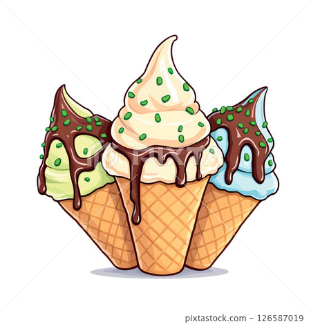 Vsai three delicious ice cream cones dripping with chocolate and sprinkles 126587019
