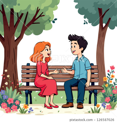 Vsai young couple talking and gesturing while sitting on park bench 126587026