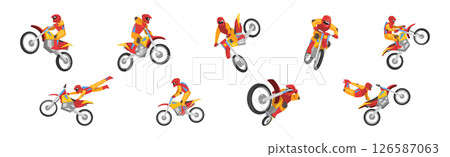 Freestyle Motocross with Motorcycle Rider Performing Jumps and Stunt Vector Set 126587063