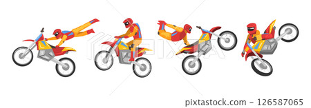 Freestyle Motocross with Motorcycle Rider Performing Jumps and Stunt Vector Set 126587065