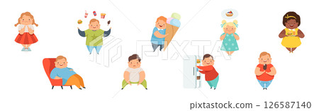 Overweight Boy and Girl Character Eating Fast Food Vector Set 126587140