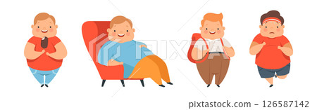 Overweight Boy Character Eating Fast Food Vector Set 126587142