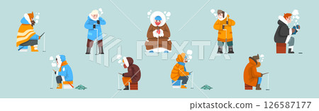 Man in Warm Coat Fishing in Winter at Frozen River Vector Set 126587177
