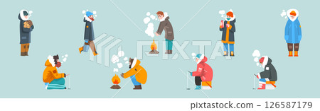 Man in Warm Coat Fishing in Winter at Frozen River Vector Set 126587179