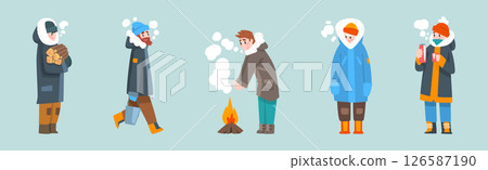 Man in Warm Coat Fishing in Winter at Frozen River Vector Set 126587190