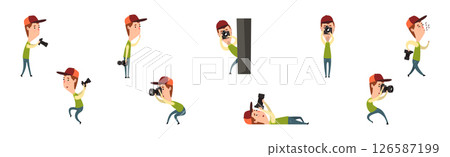 Man Photographer Taking Photos Using Professional Equipment Vector Set 126587199