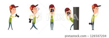 Man Photographer Taking Photos Using Professional Equipment Vector Set 126587204