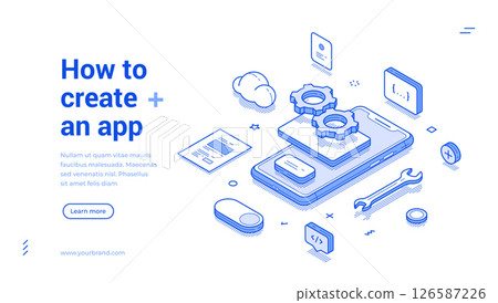 How to create mobile app DIY interface software development web banner isometric vector How to create mobile app DIY interface software development web banner isometric vector 126587226