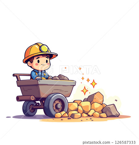 Vsai miner carrying gold ore in mining cart cartoon illustration 126587333