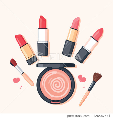Vsai makeup set with lipsticks, blush and brushes forming a smiling face 126587341