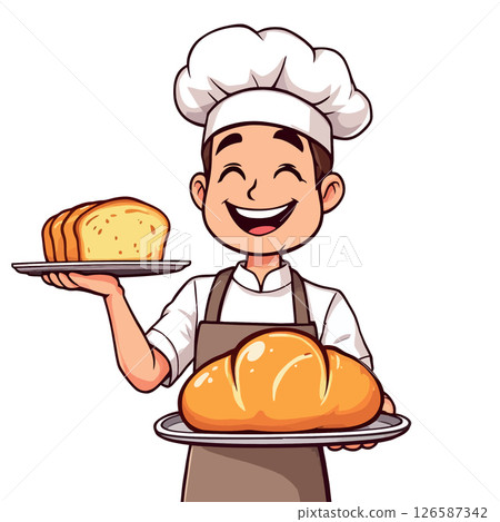 Vsai happy baker holding trays with bread and loaf smiling and showing bakery products 126587342