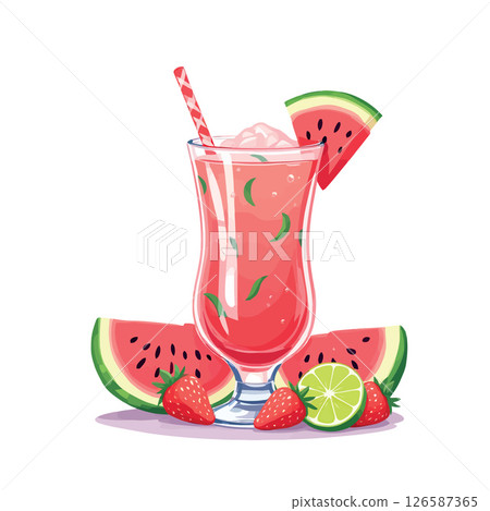 Vsai refreshing watermelon smoothie with lime, strawberry, and mint in hurricane glass 126587365
