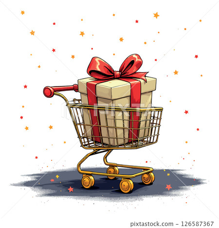 Vsai shopping cart carrying a gift box with red ribbon and stars background Vsai shopping cart carrying a gift box with red ribbon and stars background 126587367
