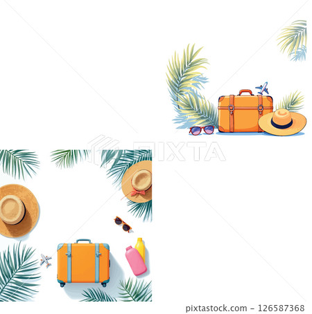 Vsai suitcase, straw hat, sunglasses and sunscreen preparing for summer vacation 126587368