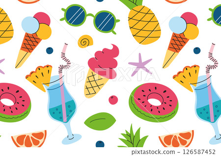 Bright tropical pattern with pineapple juice lemonade, watermelon pool float, ice cream, sunglasses, orange, leaves and seashells. Summer flat cartoon background, seamless vector illustration Bright tropical pattern with pineapple juice lemonade, watermelon pool float, ice cream, sunglasses, orange, leaves and seashells. Summer flat cartoon background, seamless vector illustration 126587452