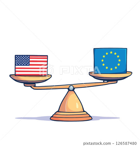 Vsai united states and european union flags balancing on scale representing trade and political relationships 126587480
