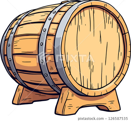 Vsai wooden barrel with metal rings resting on stand 126587535