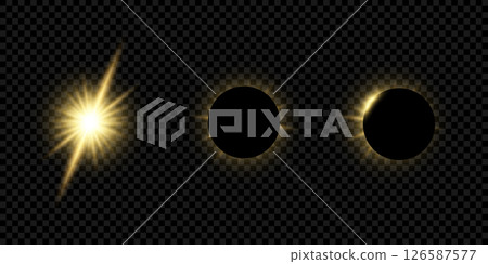 Realistic solar eclipse with glowing sun and transparent background Realistic solar eclipse with glowing sun and transparent background 126587577