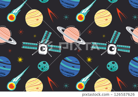 Seamless space pattern with planets, meteors, asteroids, stars, and space station. Flat cartoon vector illustration for kids, childrens textiles, wallpapers, wrapping paper, child stationery 126587626