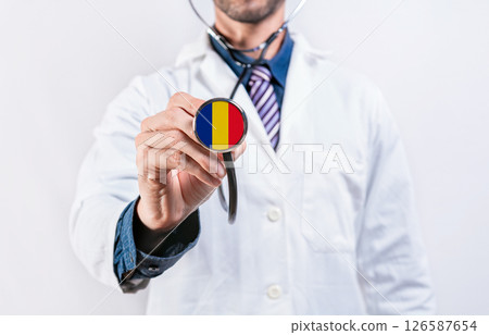 Romania healthcare system, doctor holding stethoscope. Romania health and medical insurance concept 126587654