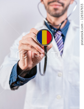 Romania health and medical insurance concept. Romania healthcare system, doctor holding stethoscope 126587655