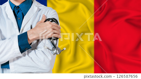Doctor with stethoscope on Romanian flag. Doctor holding stethoscope on Romania flag Doctor with stethoscope on Romanian flag. Doctor holding stethoscope on Romania flag 126587656